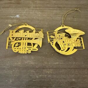 Lot of 2 Vintage Hallmark Brass Ornaments Musical Instruments Songs 1988